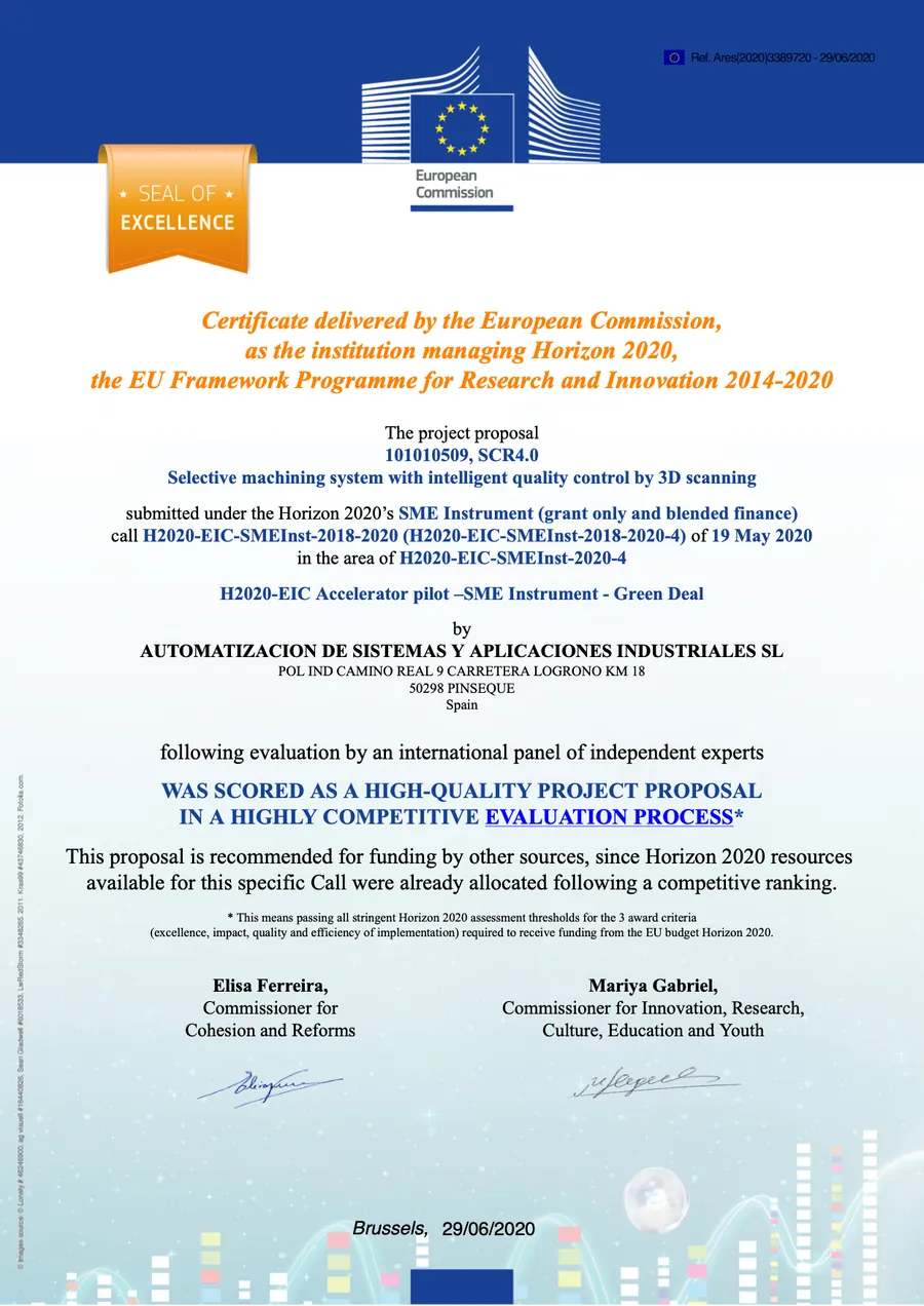 Certificado Seal of Excellence Horizon 2020 atribuído à ASAI