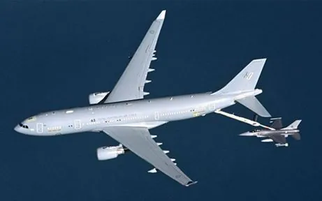 Tanker aircraft with its aerial refuelling boom deployed